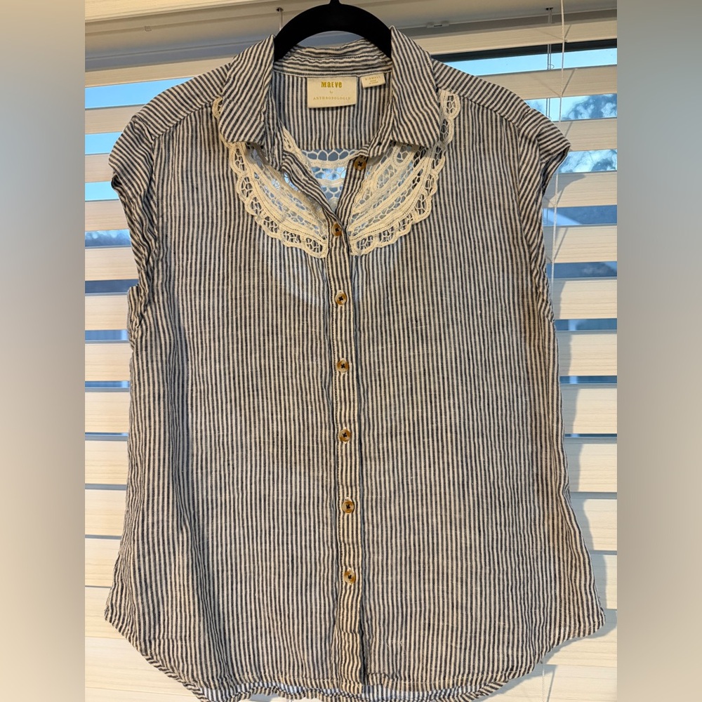 Anthropologie Maeve Blue and White Striped Blouse with Lace Detail size XS